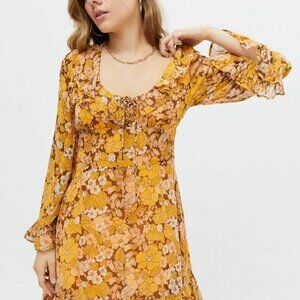 UO Orange Floral Stevie Mini Dress Printed Ruffle Tie Bell Sleeve XS